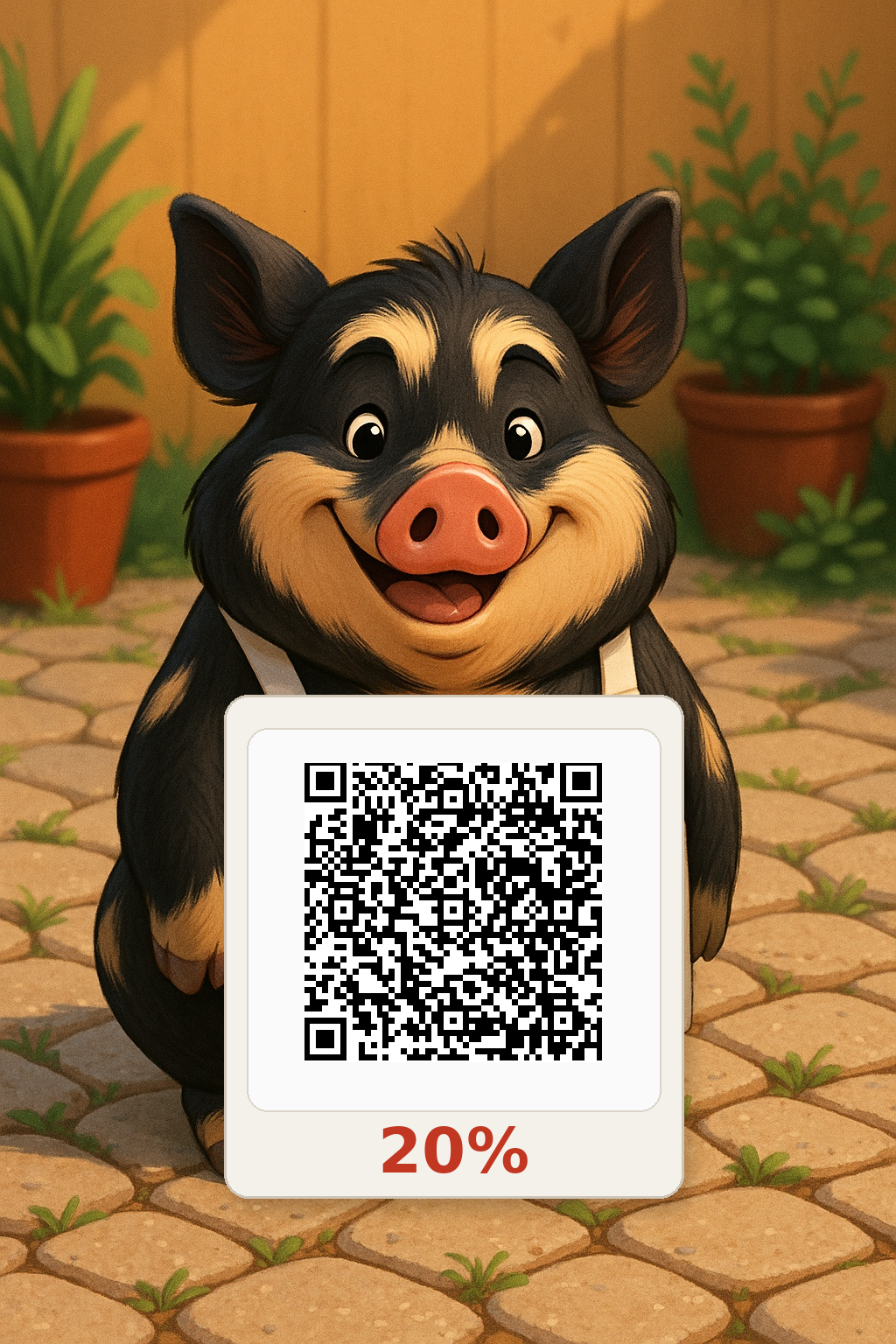 Alfred holding the approved 20% website promo QR code