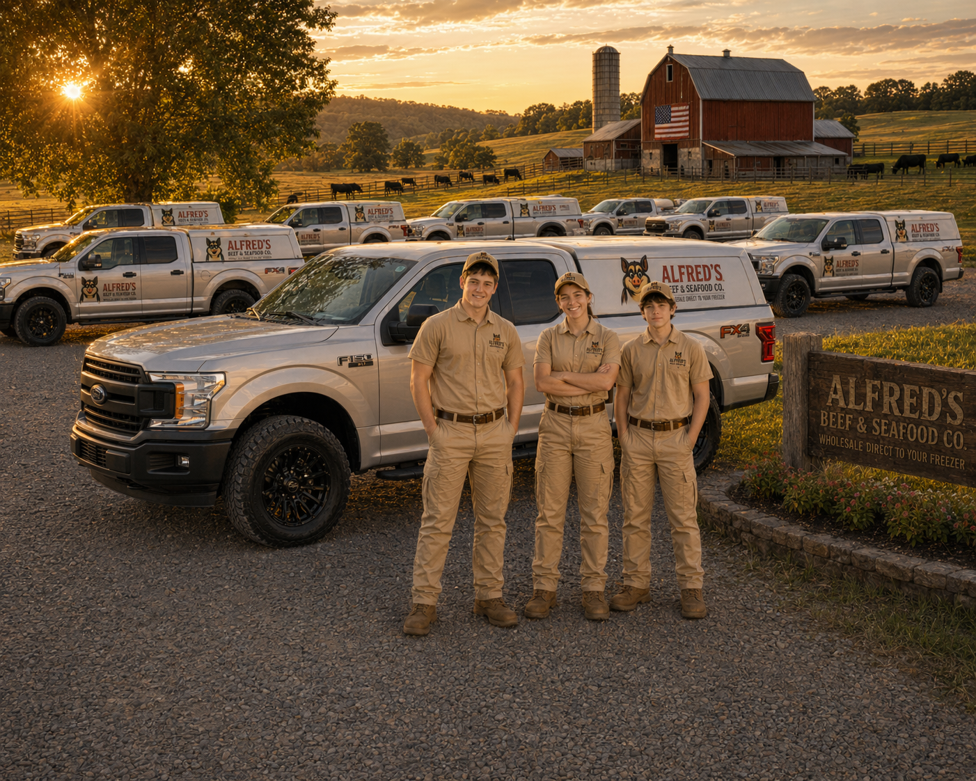 Alfred's Beef & Seafood team standing beside the front truck with the fleet, farm, and Alfred's roadside sign behind them.