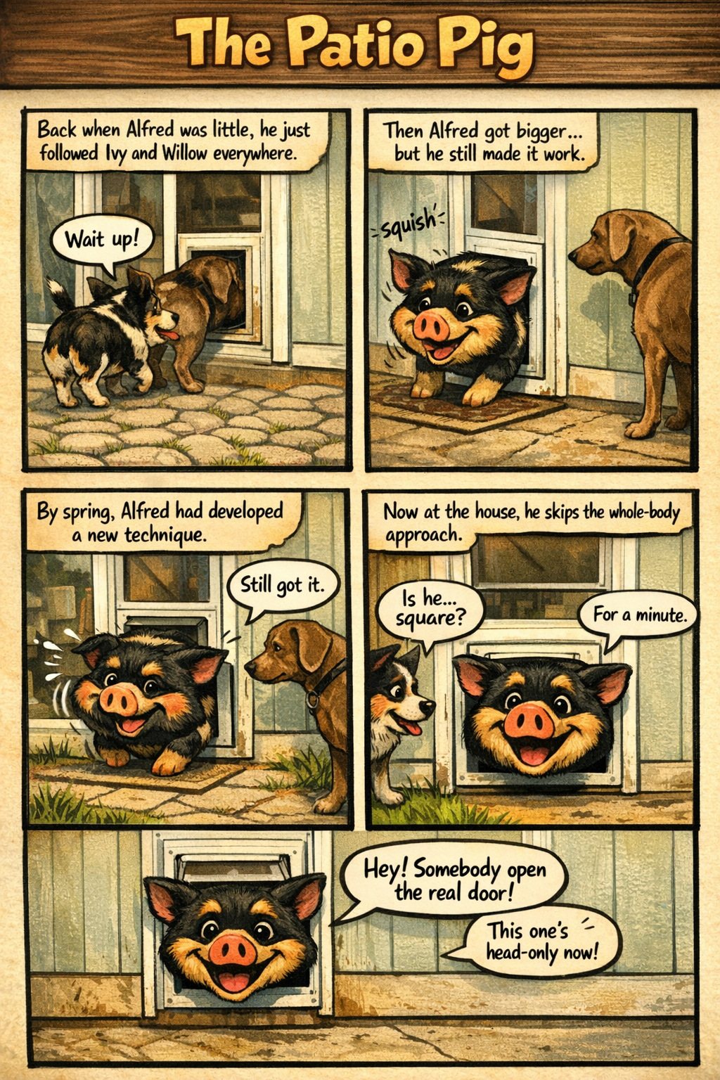 The Patio Pig comic strip featuring Alfred on a patio pig adventure