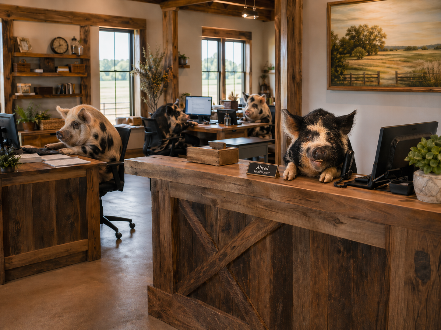 Alfred's pig office scene for the Contact page.